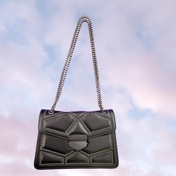 Black Sleek Faux Leather Studded Goth Punk Clutch Purse Chain Strap - Picture 2 of 9